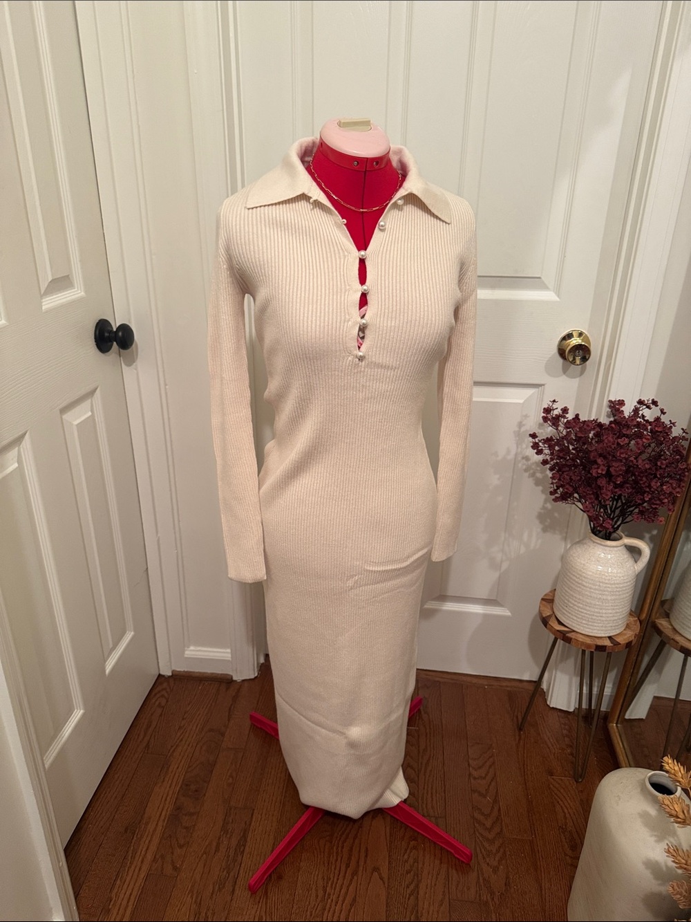 Abercrombie & Fitch Cream Long-Sleeve Ribbed Collared Maxi Dress